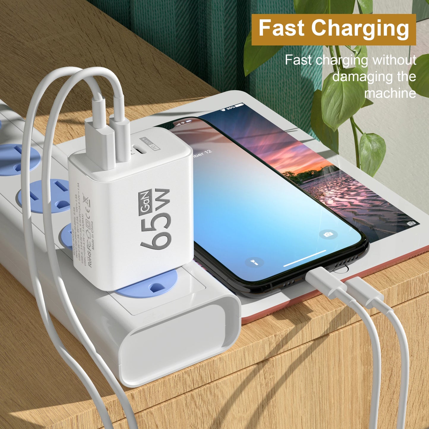 GaN Type C PD Charger 3 Ports USB Fast Charging Cellphone Adapter