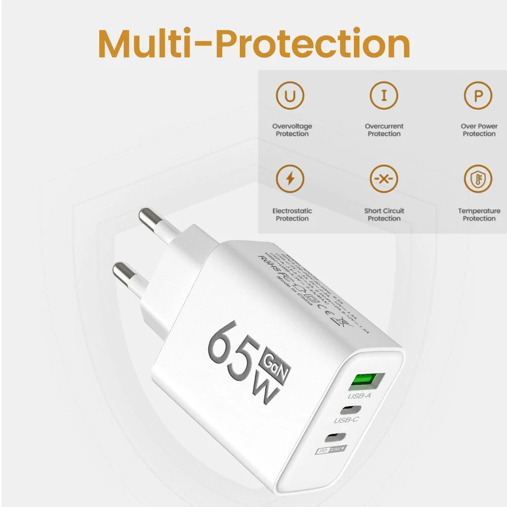 GaN Type C PD Charger 3 Ports USB Fast Charging Cellphone Adapter