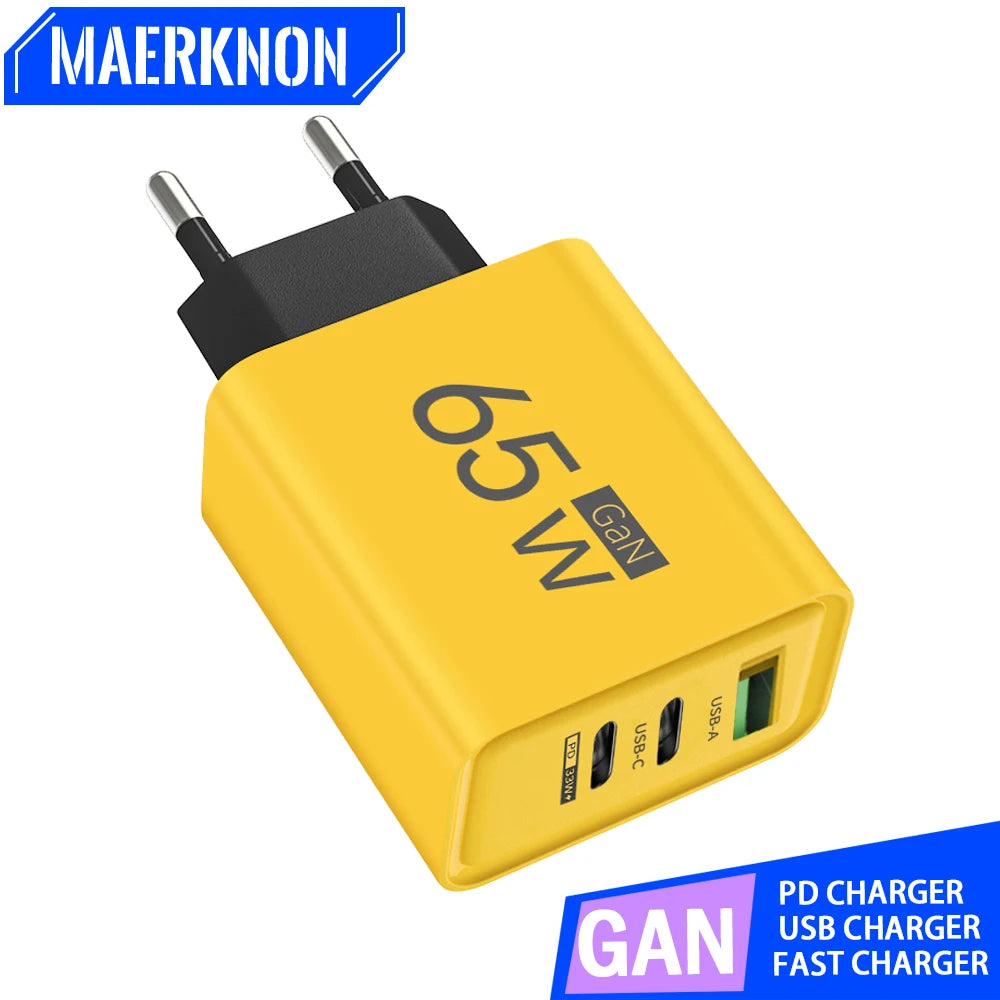 GaN Type C PD Charger 3 Ports USB Fast Charging Cellphone Adapter