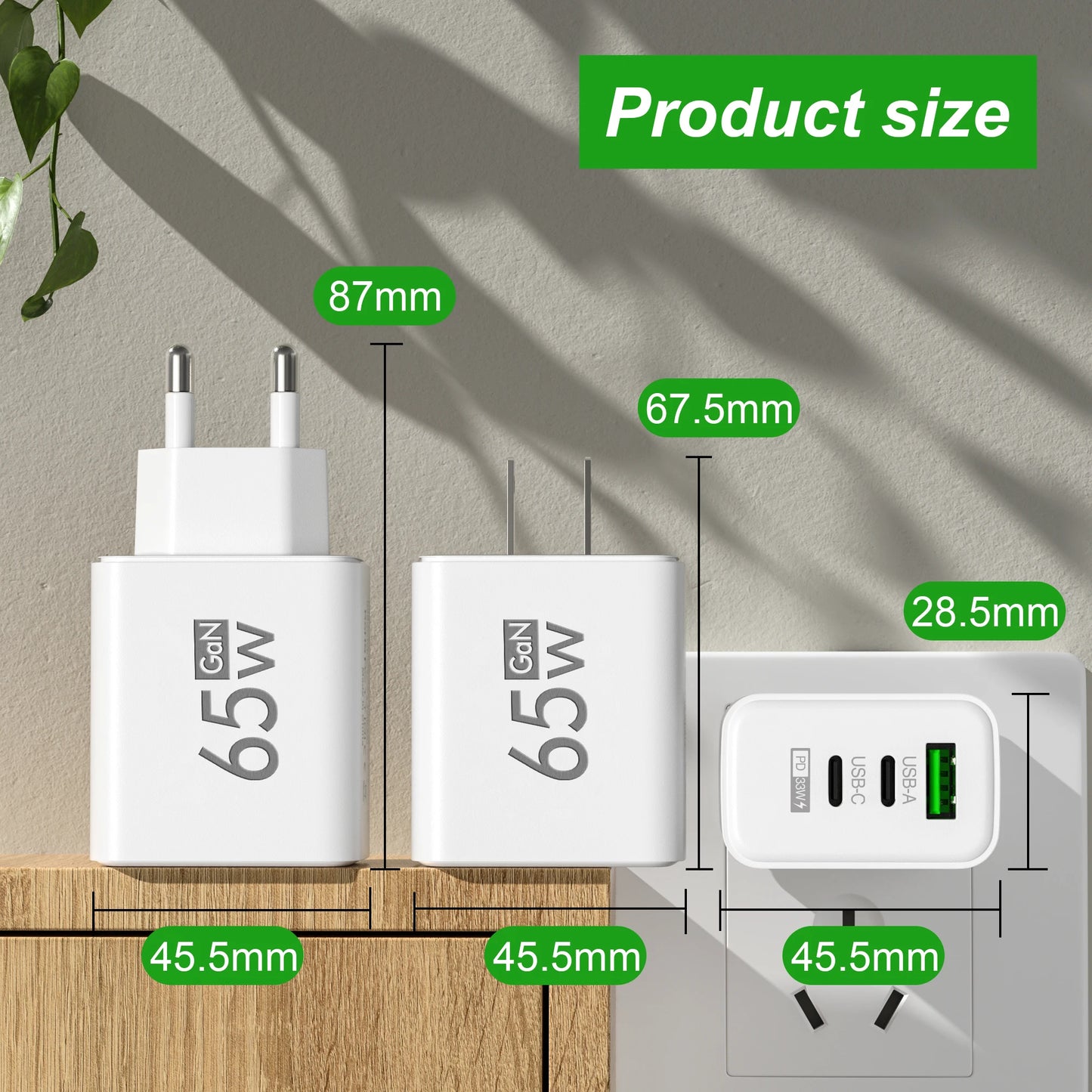 GaN Type C PD Charger 3 Ports USB Fast Charging Cellphone Adapter